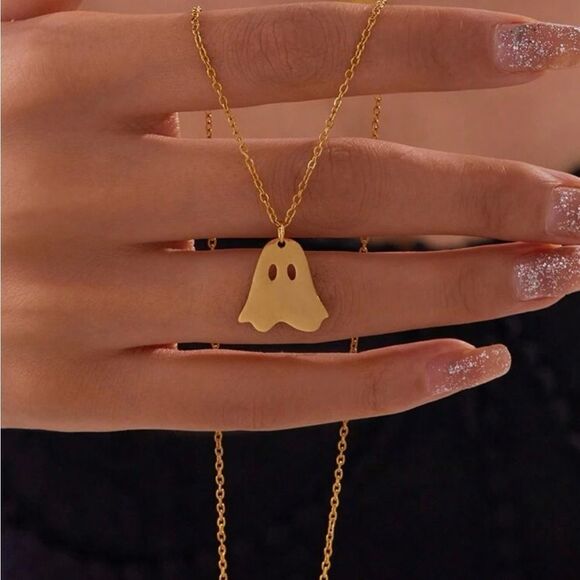 Goth, Halloween Ghost Necklace, Gold tone, Stainless steel, Minimalist, - Picture 4 of 4